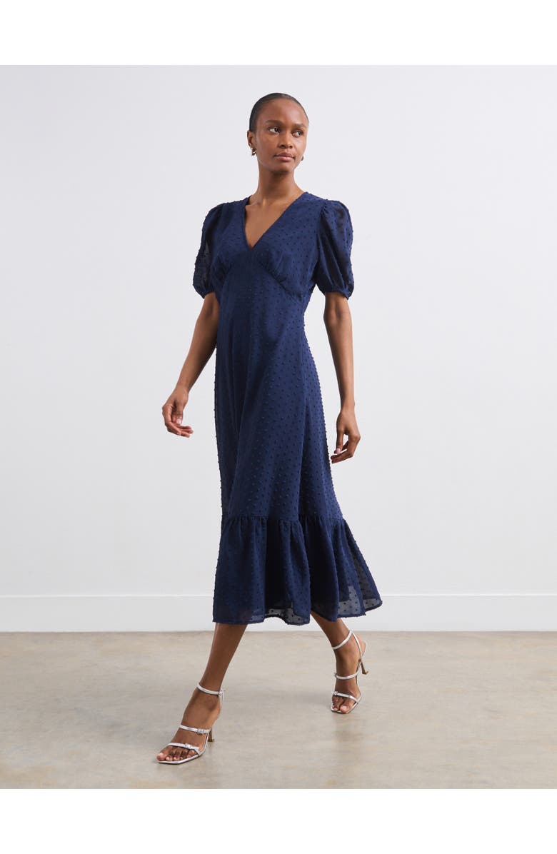 Finery London Loretta V-Neck Georgette Midi Dress, Alternate, color, Navy