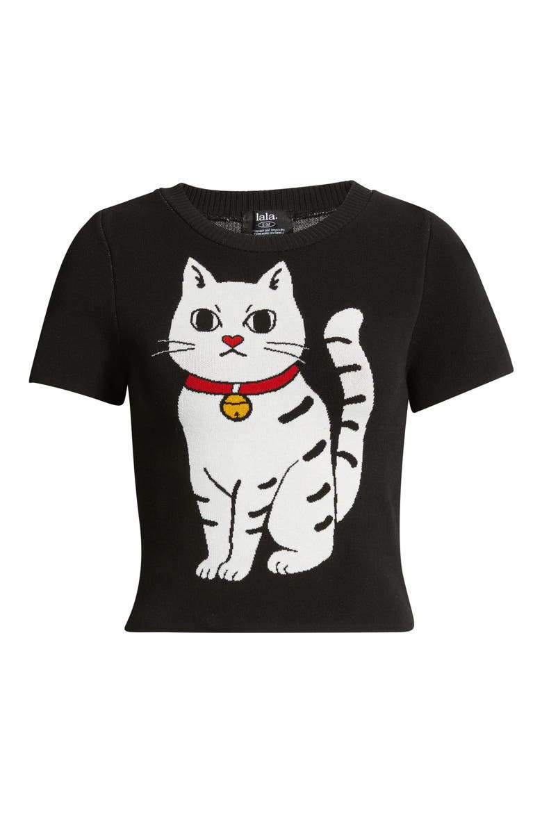 Lucky Kitty Knit Tee, Alternate, color, BLACK LUCKY KITTY