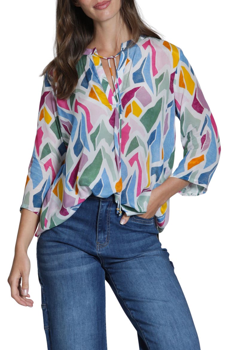 Print Tassel Split Neck Chiffon Top, Main, color, BLUEPINK MULTI