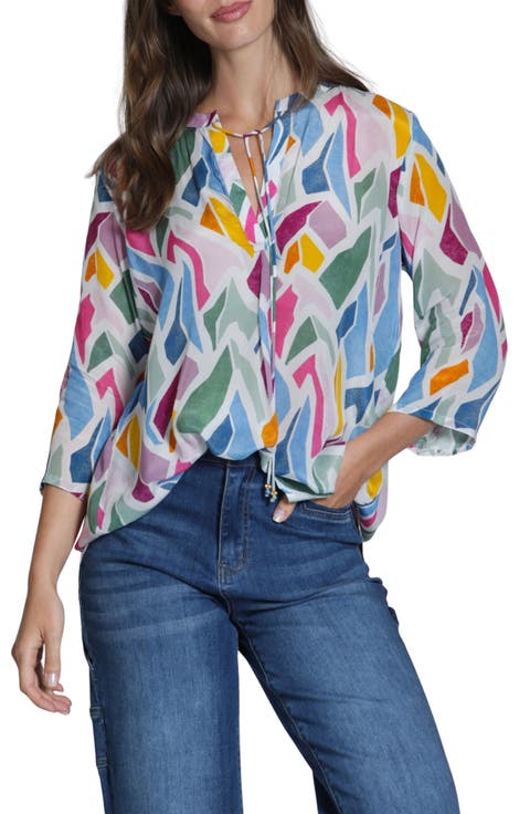 Print Tassel Split Neck Chiffon Top