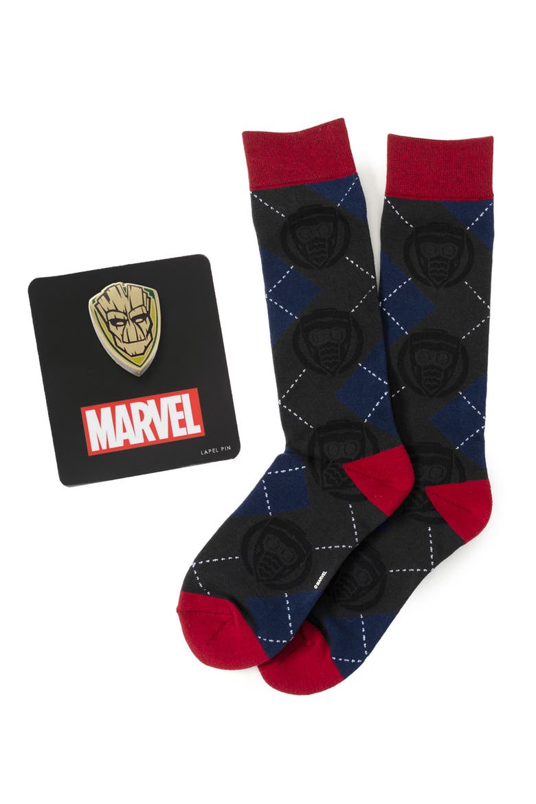 Groot Star-Lord Argyle Crew Socks & Lapel Pin Gift Set, Main, color, BLUE MULTI