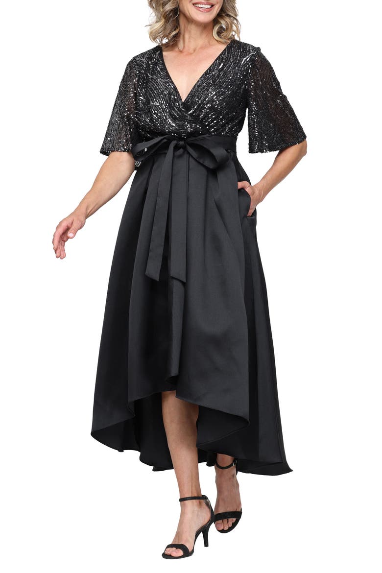 Sequin Flutter Sleeve Satin High-Low Cocktail Dress, Main, color, BLACK/ GUNMETAL