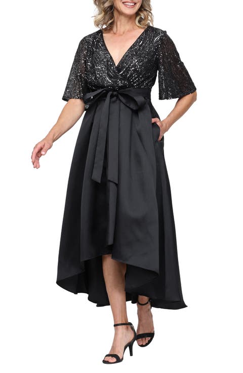 Sequin Flutter Sleeve Satin High-Low Cocktail Dress