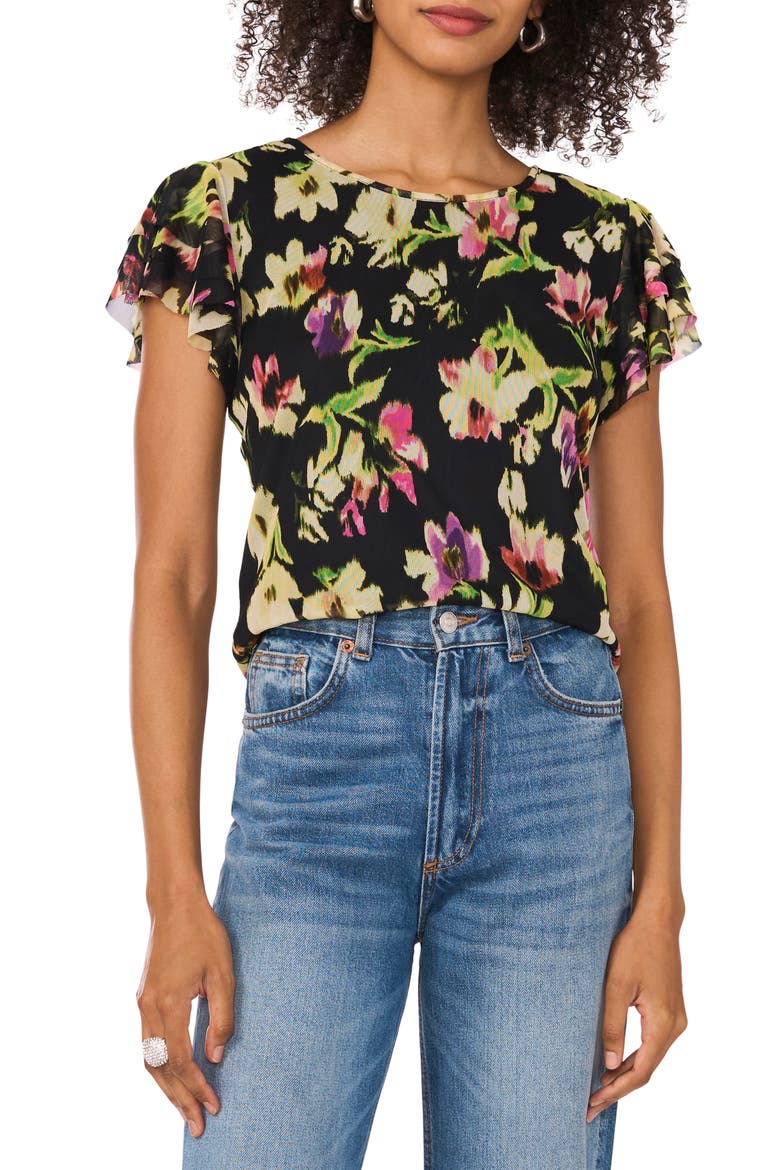 Floral Print Ruffle Sleeve Mesh Top, Main, color, RICH BLACK