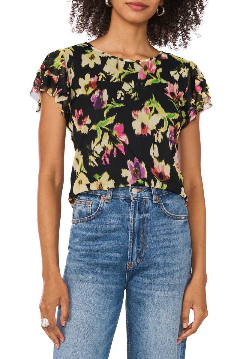 Vince Camuto Floral Print Ruffle Sleeve Mesh Top, Main, color, Rich Black