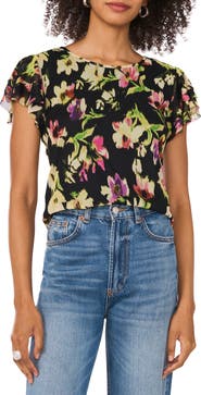 Vince Camuto Floral Print Ruffle Sleeve Mesh Top