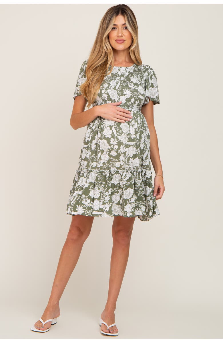 PinkBlush Floral Smocked Ruffle Accent Dress, Main, color, Light Olive