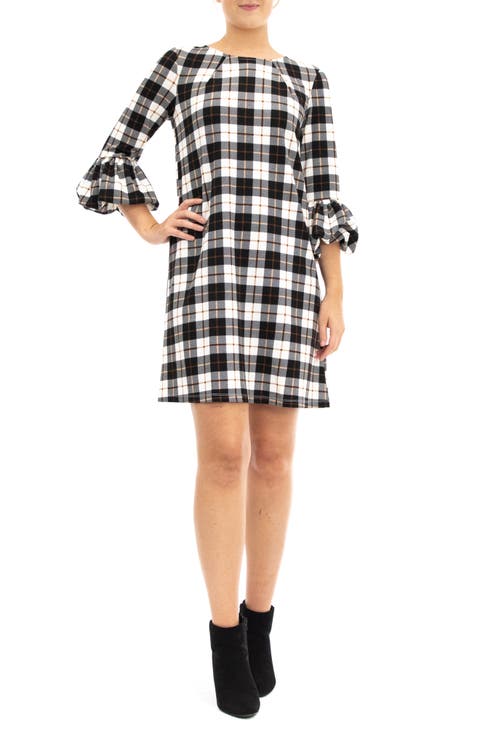 Windowpane Ruffle Sleeve Shift Dress