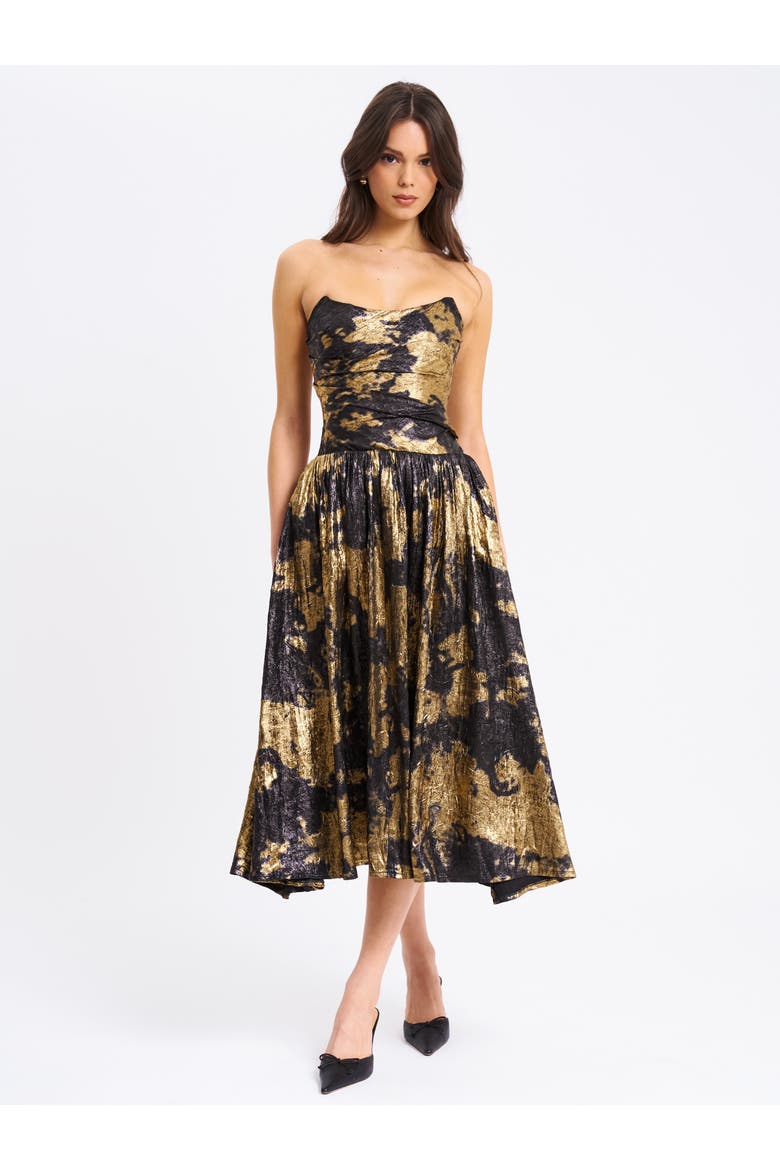 Saanvi Strapless Drop Waist Midi Dress, Main, color, Gold Bronzing Tie-Dye