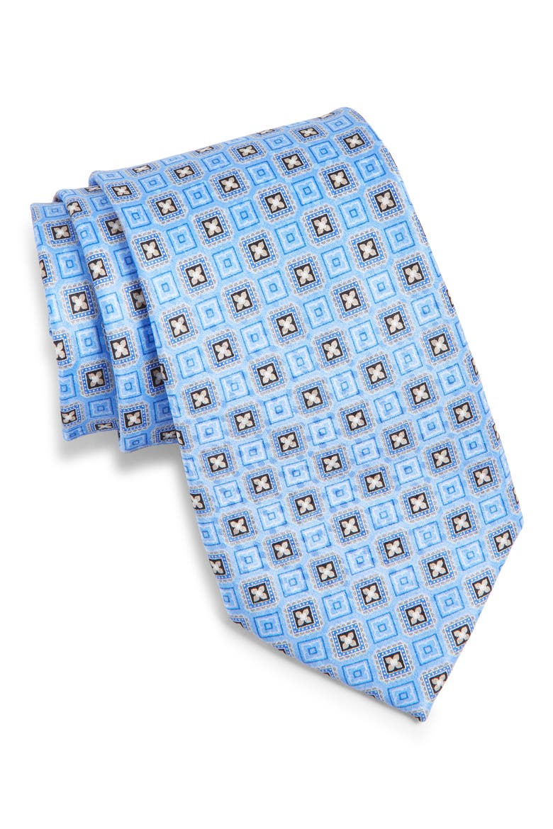 Geometric Print Silk Tie, Main, color, LT BLUE