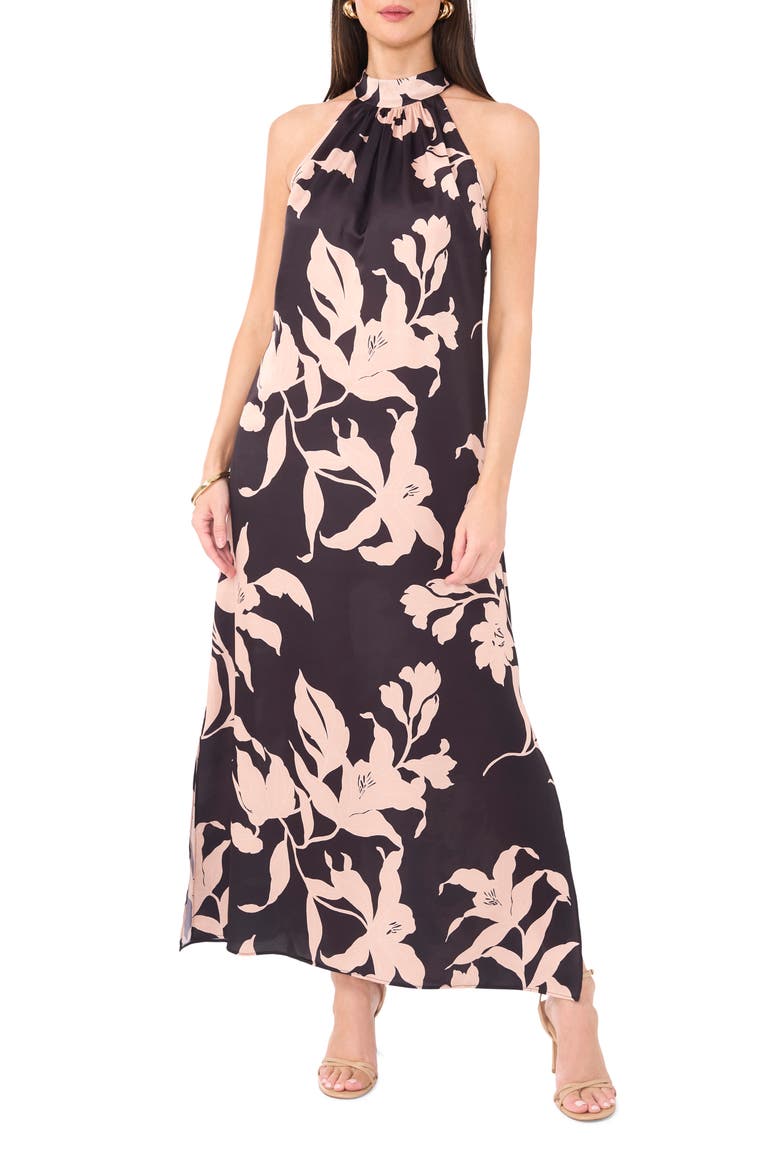 Floral Maxi Halter Dress, Main, color, RICH BLACK