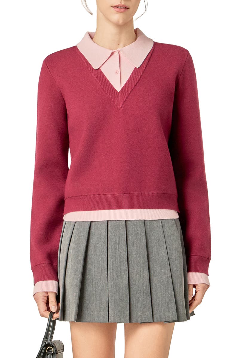 English Factory Layered Collar V-neck Sweater, Main, color, Burgundy/ Pink