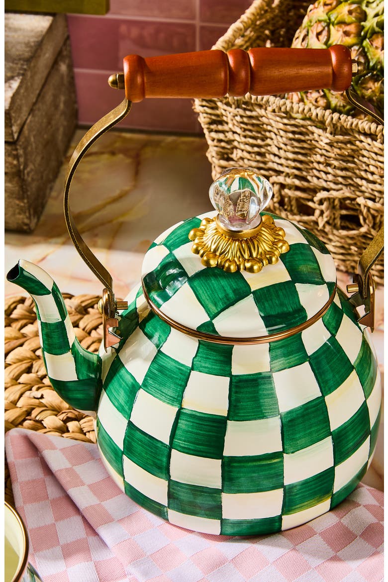 Emerald Check Enameled Steel 2-Quart Tea Kettle, Alternate, color, EMERALD