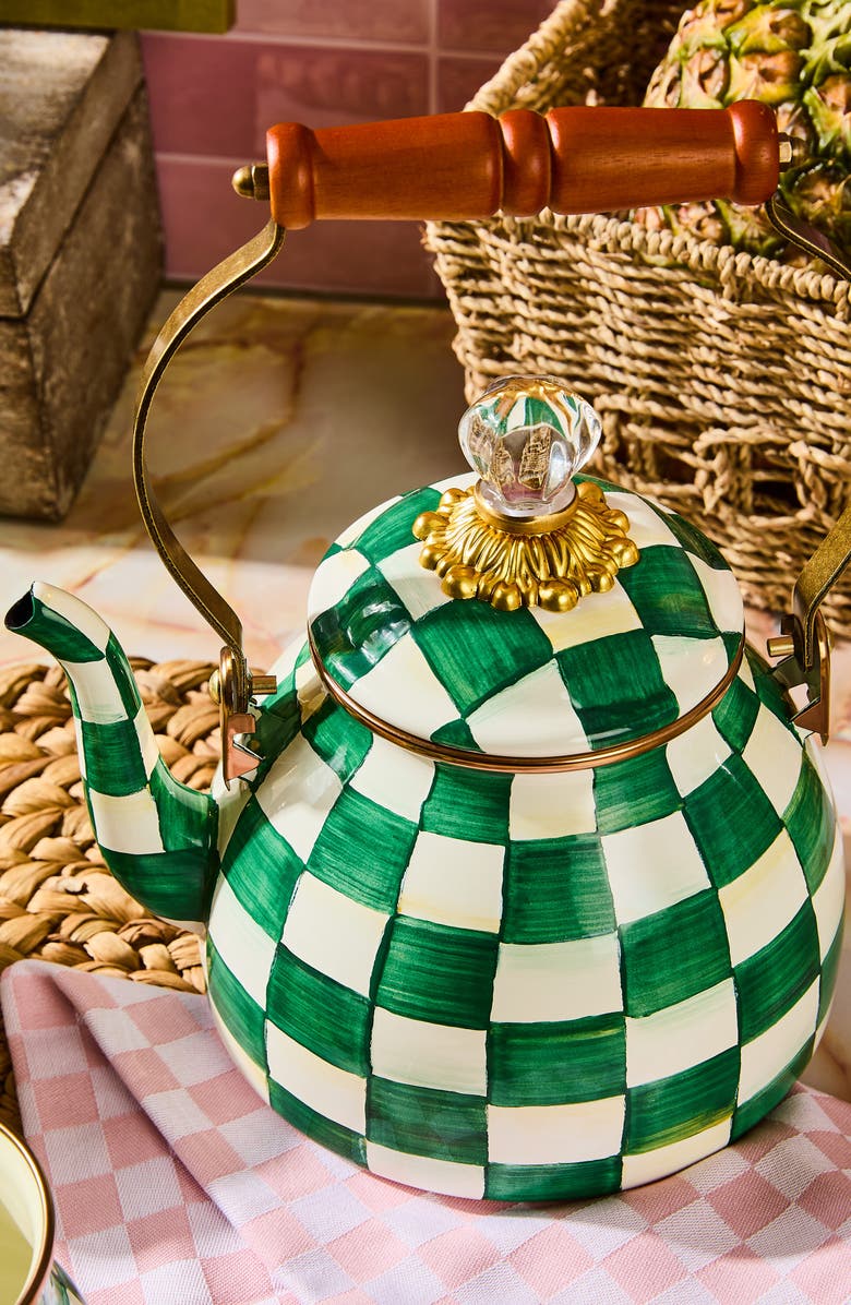 MACKENZIE CHILDS Emerald Check Enameled Steel 2-Quart Tea Kettle, Alternate, color, Emerald