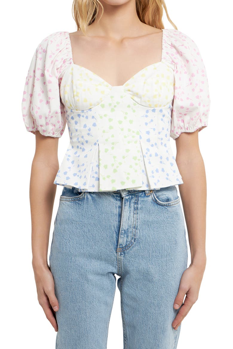 Floral Patchwork Puff Sleeve Crop Top, Alternate, color, WHITE MULTI