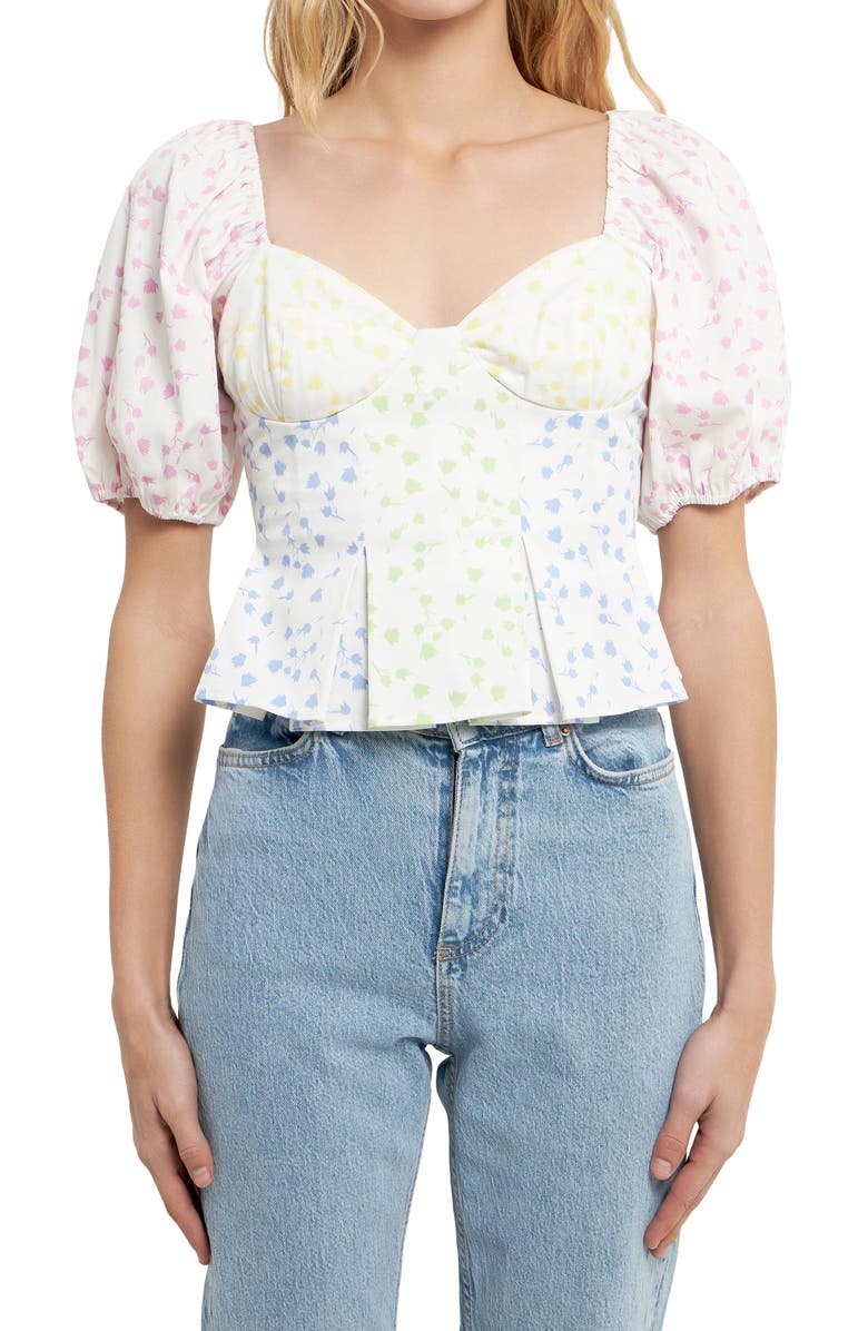 English Factory Floral Patchwork Puff Sleeve Crop Top, Alternate, color, White Multi