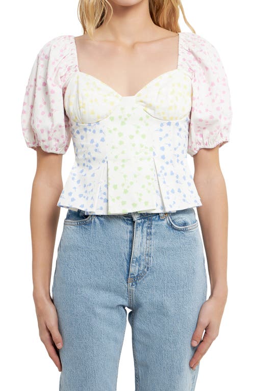 English Factory Floral Patchwork Puff Sleeve Crop Top In White Multi