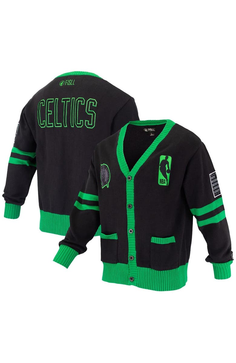 FISLL Unisex FISLL Black Boston Celtics Logoman Shadow Collection Full-Button Cardigan Sweater, Main, color, Black