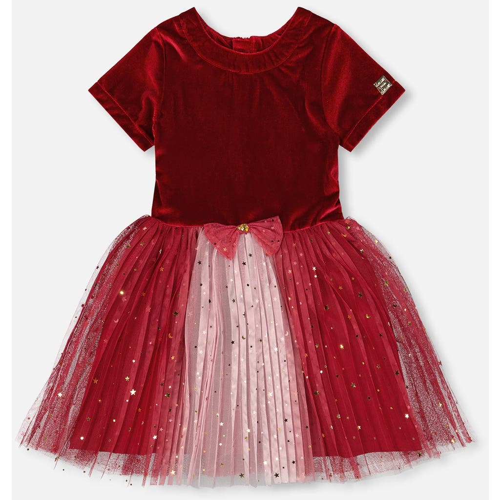 Deux Par Deux Bi-material Short Sleeve Party Dress In Red