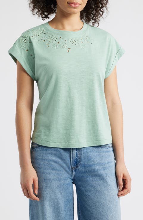 Embroidered Eyelet Cap Sleeve T-Shirt