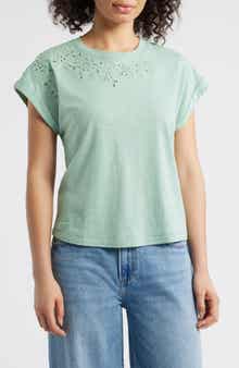 Wit & Wisdom Embroidered Eyelet Cap Sleeve T-Shirt