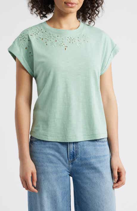 Wit & Wisdom Embroidered Eyelet Cap Sleeve T-Shirt