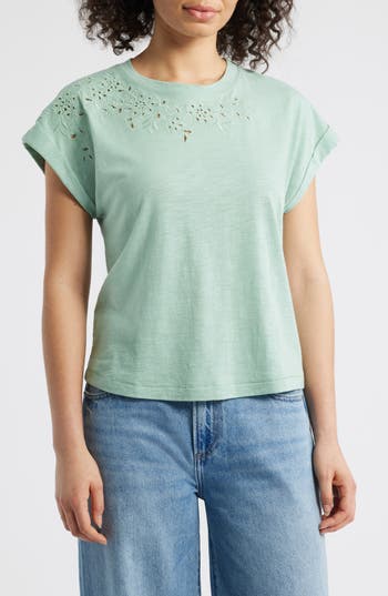 Wit & Wisdom Embroidered Eyelet Cap Sleeve T-shirt In Green