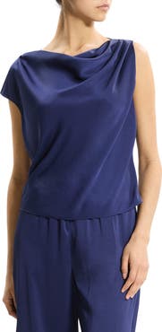 Theory Cowl Neck Single Short Sleeve Satin Top