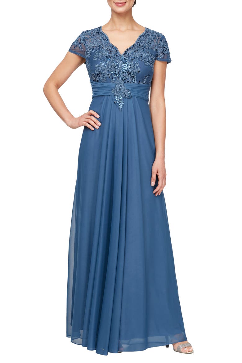 Lace & Sequin Chiffon Gown, Main, color, VINTAGE BLUE