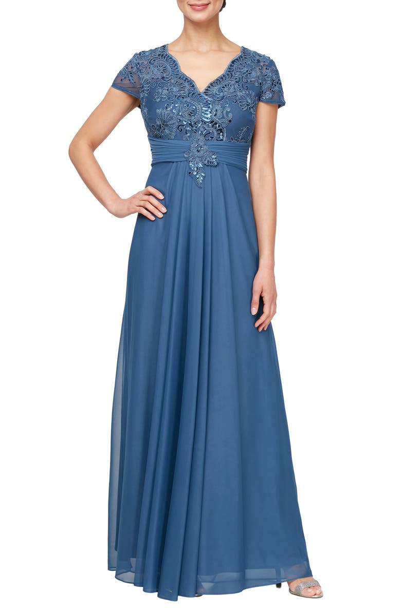 Alex Evenings Lace & Sequin Chiffon Gown, Main, color, Vintage Blue