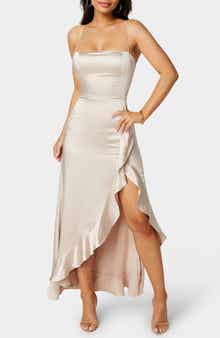 bebe Lace-Up Back Ruffle Satin Maxi Dress