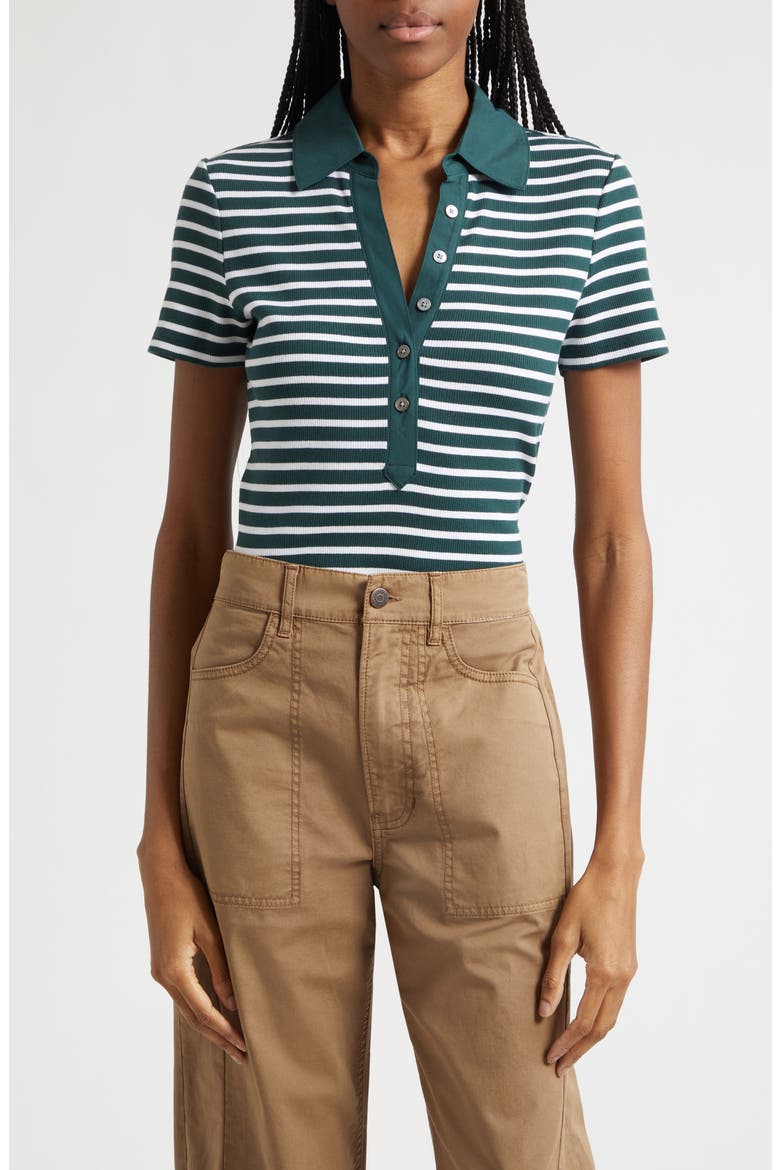 Kearney Stripe Mixed Media Stretch Cotton Top, Main, color, PINE/ WHITE
