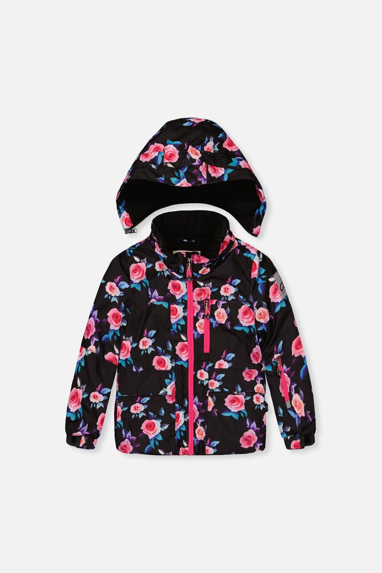 Floral Jacket & Foot Strap Pants Two Piece Snowsuit, Alternate, color, Black Printed with Roses
