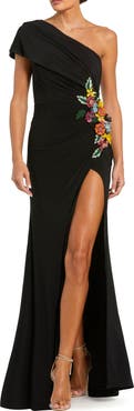 Mac Duggal One Shoulder Jersey Gown with Beaded Floral Appliqué