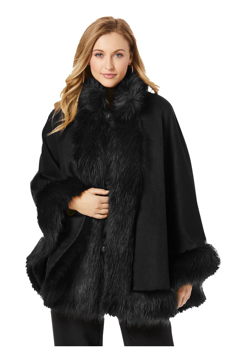 Jessica London Faux Fur Trim Wool Cape, Main, color, Black