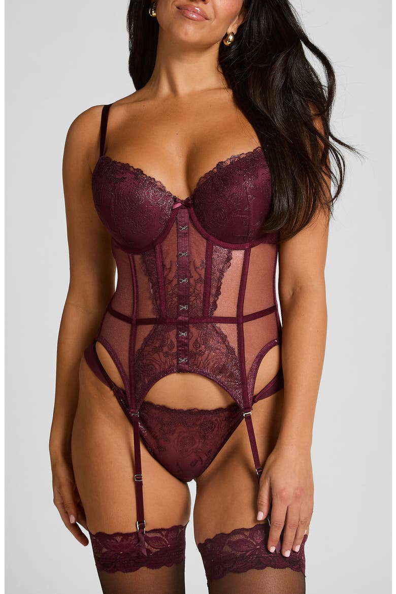 Hollie Embroidered Underwire Bustier with Garter Straps, Main, color, FIG