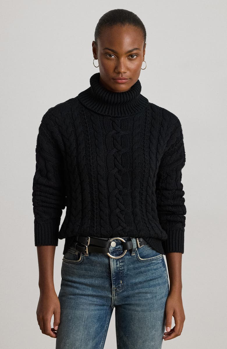 Lauren Ralph Lauren Turtleneck Cable Knit Sweater, Alternate, color, Black