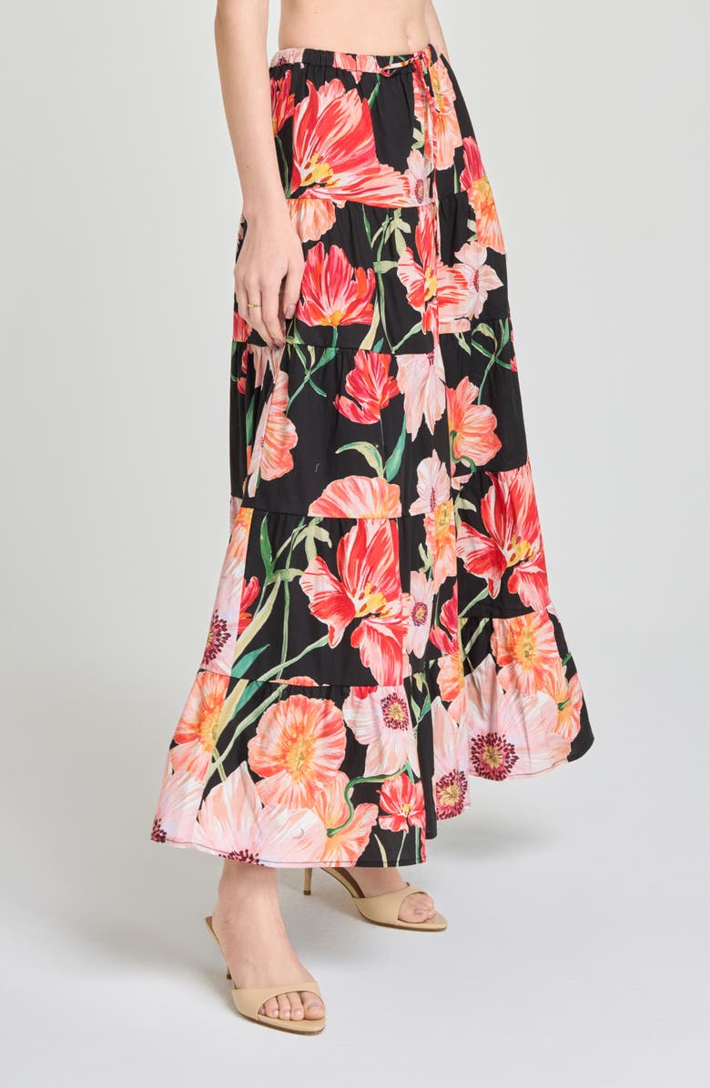 WAYF Marigold Tiered Midi Skirt, Alternate, color, Black Poppies