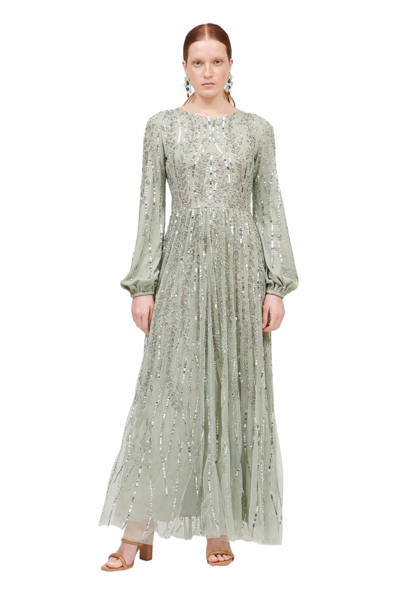 Modest Ruffle Dress Maxi With Designer Sleeve, Main, color, LILAC