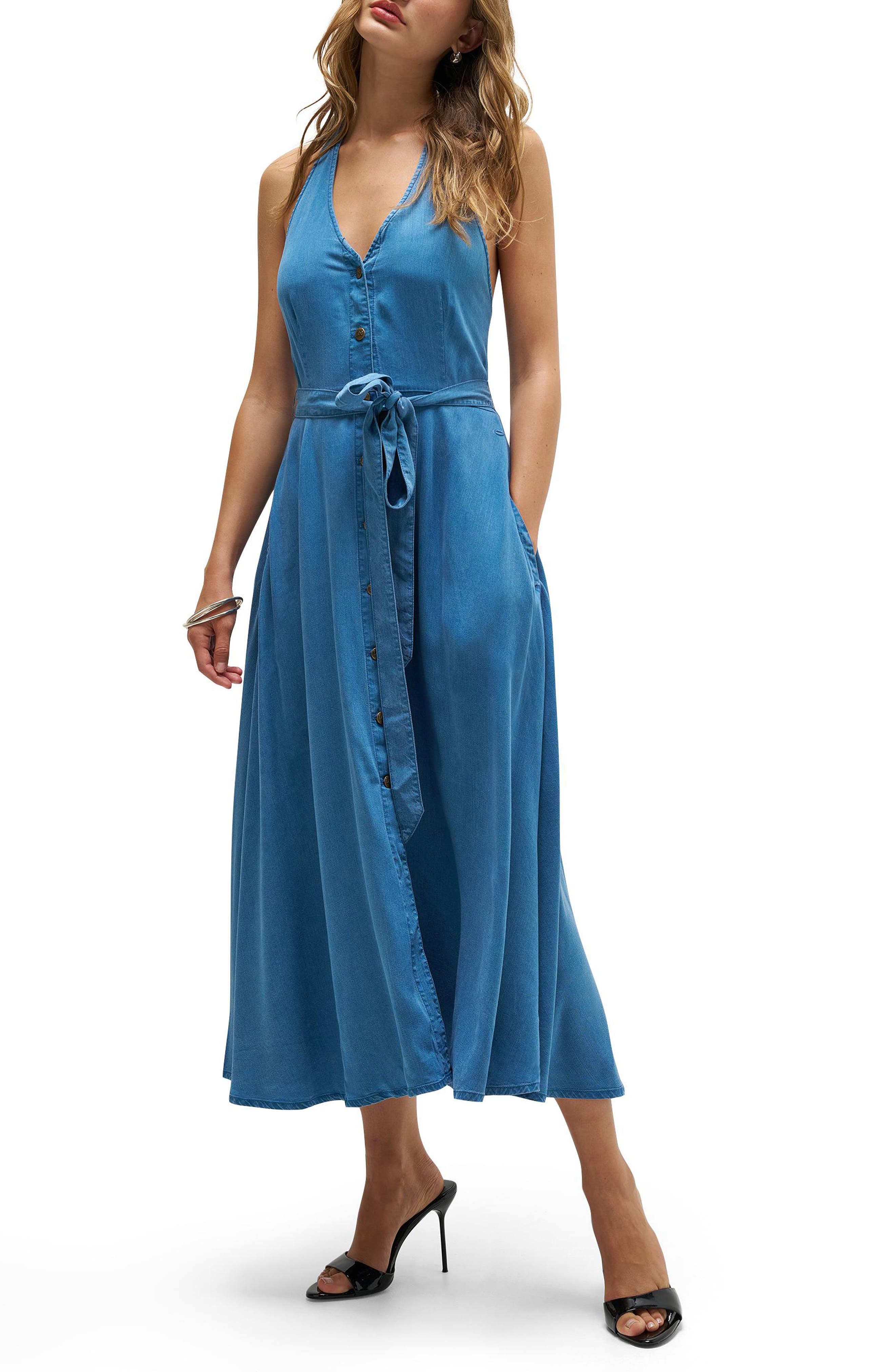 Lee Belted Button Front Midi Dress In Chambray