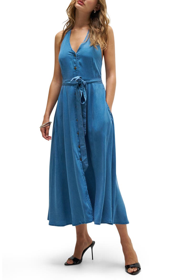 Belted Button Front Midi Dress, Main, color, CHAMBRAY