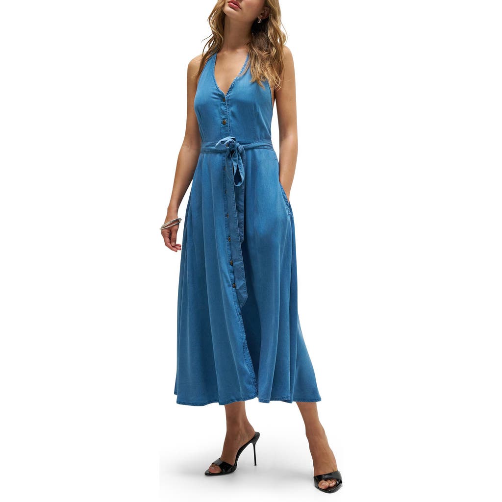 Lee Belted Button Front Midi Dress In Chambray