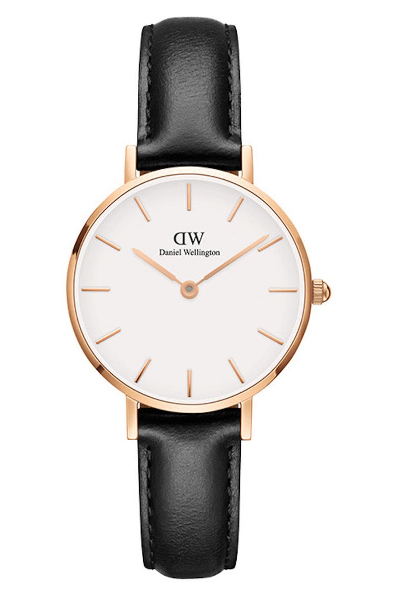 Classic Petite Leather Strap Watch, 28mm, Main, color, BLACK/ WHITE/ ROSE GOLD