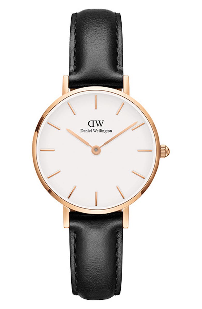 Daniel Wellington Classic Petite Leather Strap Watch, 28mm, Main, color, Black/ White/ Rose Gold