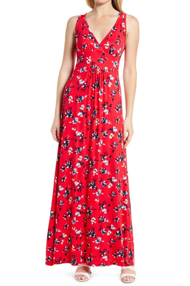 Floral V-Neck Jersey Maxi Dress, Main, color, RED