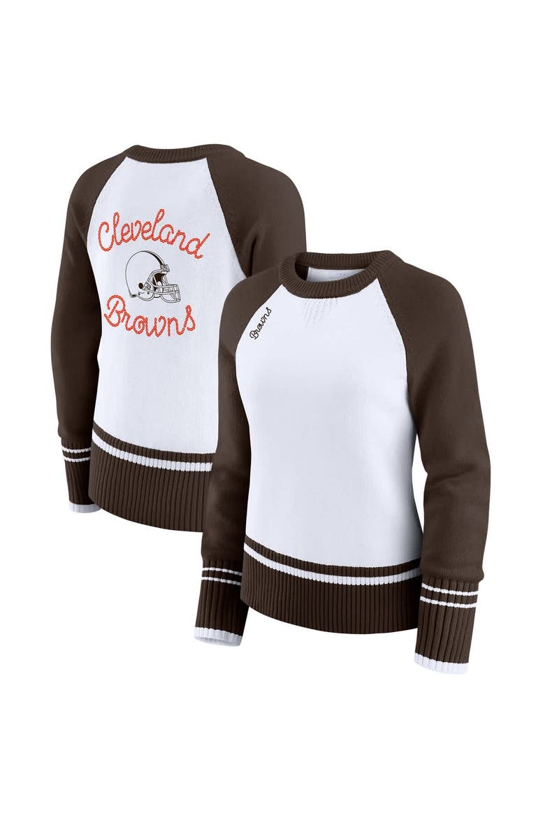 Women's WEAR by Erin Andrews White/Brown Cleveland Browns Colorblock Raglan Sweater, Main, color, White