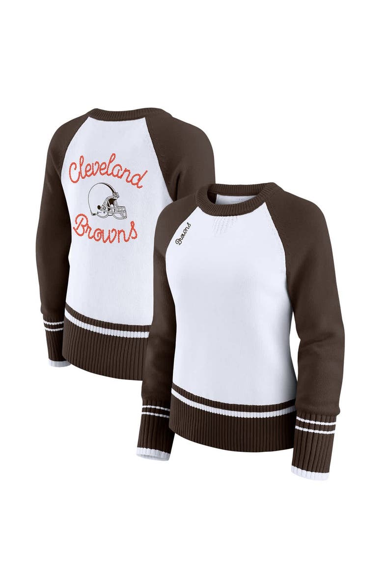 WEAR by Erin Andrews Women
s WEAR by Erin Andrews White/Brown Cleveland Browns Colorblock Raglan Sweater, Main, color, White