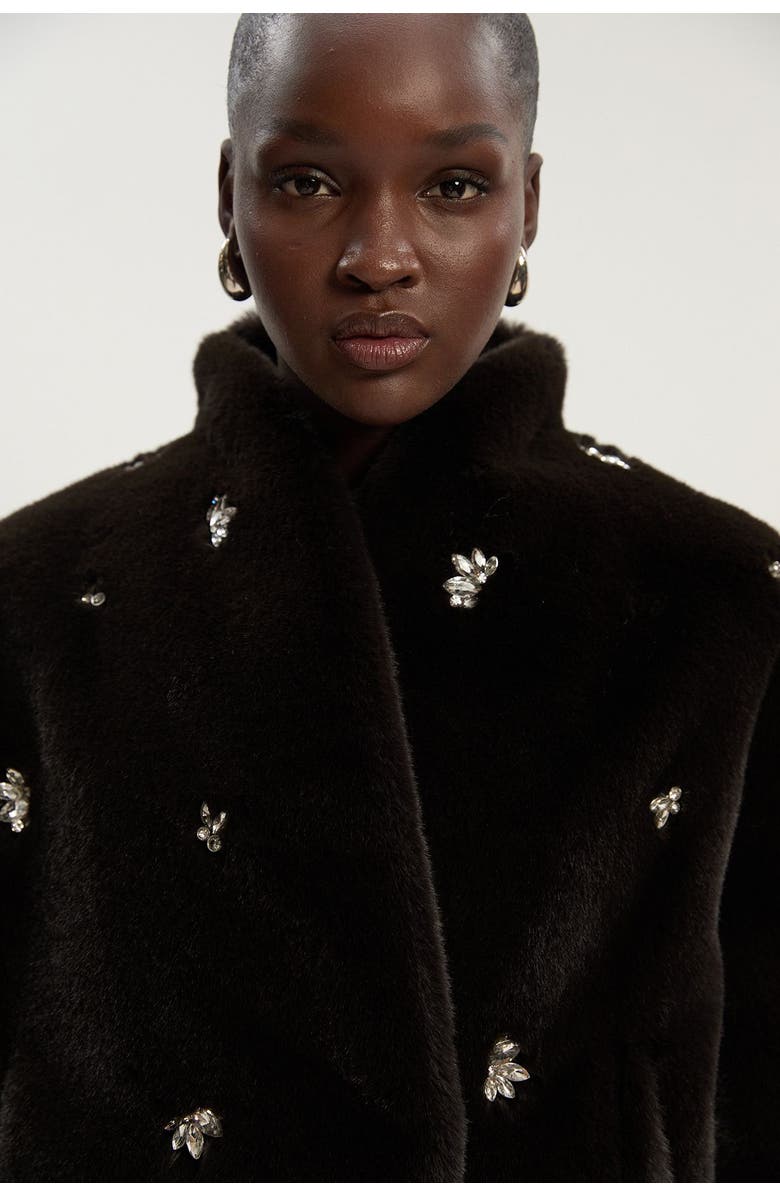 Karen Millen Crystal Embellished Faux Fur Short Coat, Alternate, color, Chocolate
