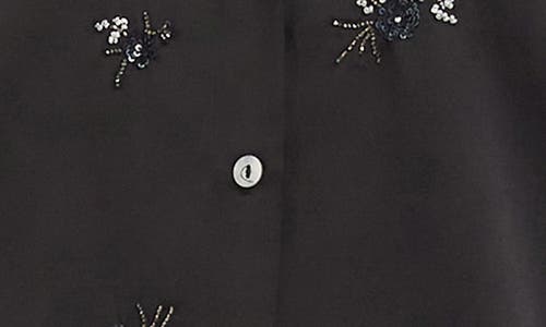Karen Kane Floral Embellished Satin Button-up Shirt In Black