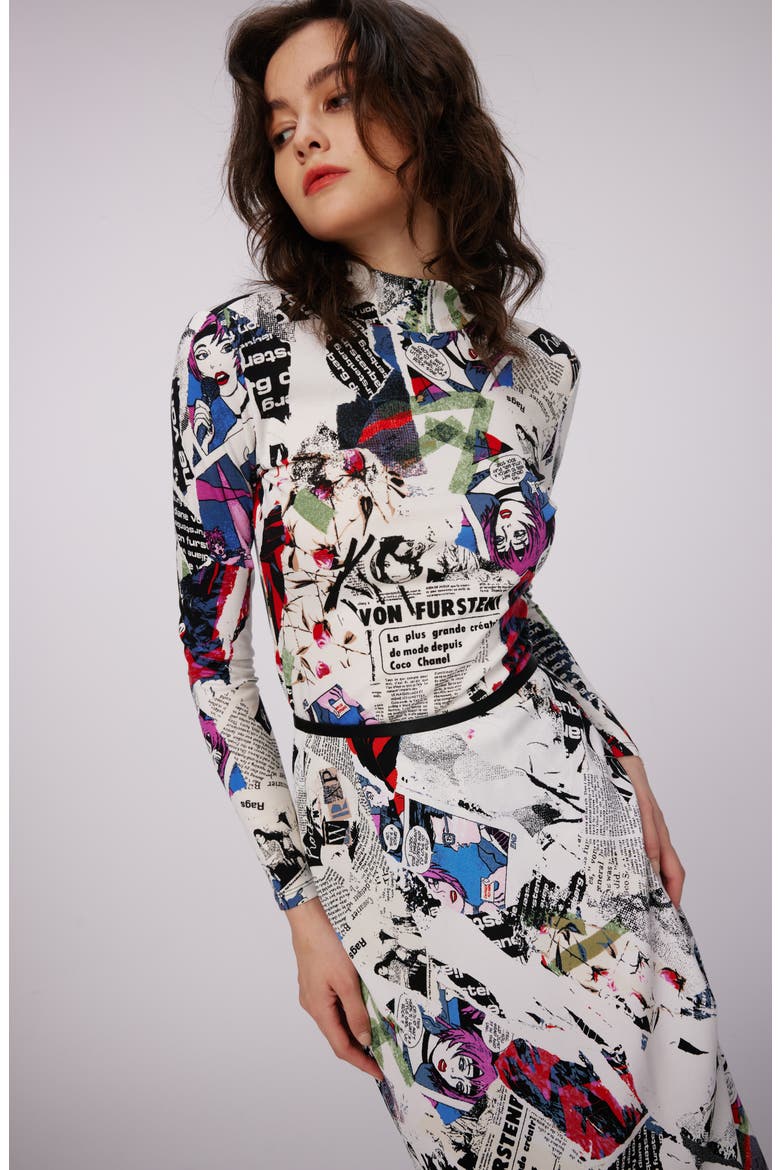 Doha Pop Art Newspaper Print Mock Neck Top, Alternate, color, POSTER GIRL